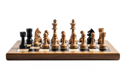 A polished wooden chessboard with chess pieces arranged isolated on a transparent background
