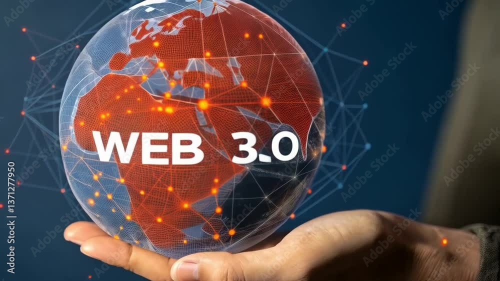 Poster hand holding web three point oh globe against blue background with network connections visible