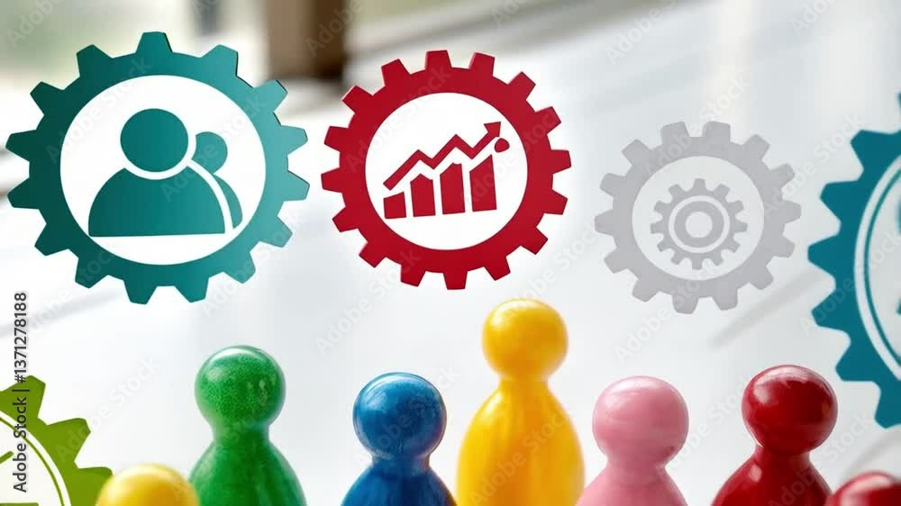 Poster Colorful game pieces with gears and icons representing teamwork and business strategy on a table