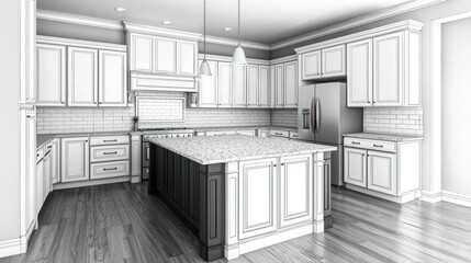 Modern kitchen interior featuring white cabinetry, marble countertops, and elegant lighting