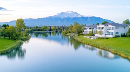 Obraz premium Serene suburban homes by a tranquil lake, reflecting a majestic mountain range. Lush green lawns and trees surround the water's edge