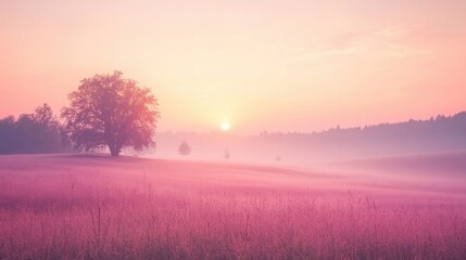 Meadow and pink sky during autumn sunrise, nature world environment