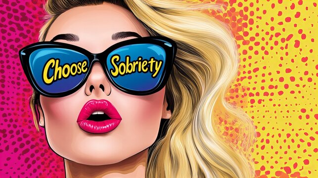 Woman wearing sunglasses that display 'Choose Sobriety' stands against a vibrant pink and yellow patterned backdrop!