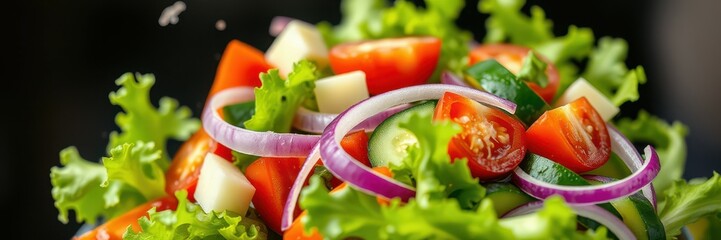 Fresh vegetable salad with crisp greens, tomatoes, and onions prepared for a healthy meal