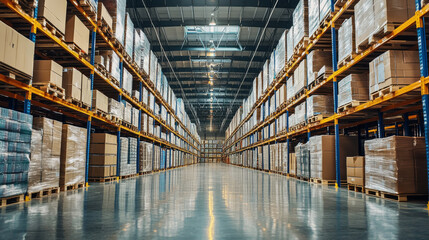 Fototapeta premium Retail Warehouse full of Shelves with Goods in Cardboard Boxes and Packages. Logistics, Sorting and Distribution Facility for Product Delivery.