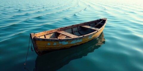Obraz premium A weathered wooden rowboat, gently bobbing on tranquil blue water, evokes a sense of serenity and quiet contemplation, a solitary vessel adrift in a calm sea, bathed in soft sunlight.