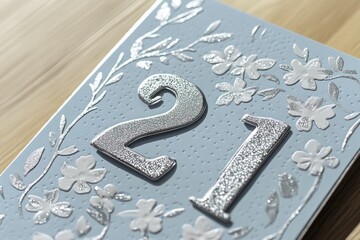 A milestone birthday card with "21" embossed in silver and subtle floral patterns