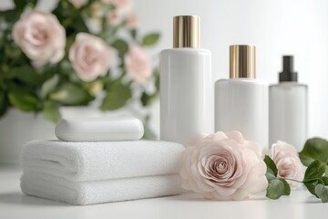 Soft towels and elegant skincare products complementing delicate roses in a serene setting