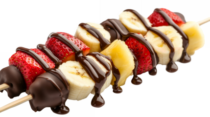 A skewer with assorted fruits like strawberries, bananas, and grapes isolated on a transparent background