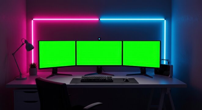 Triple Monitor Gaming Setup with Green Screen and Neon Lighting
