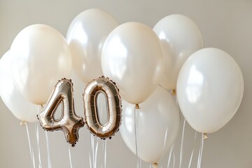 A minimalistic arrangement of white and beige balloons with "40" in a bold metallic finish