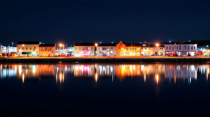 Obraz premium Colorful Town At Night With Reflections On Water