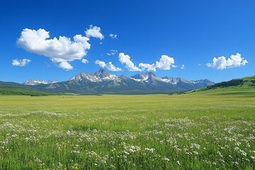 Beautiful scenic landscape of mountains and open meadow beneath the blue sky