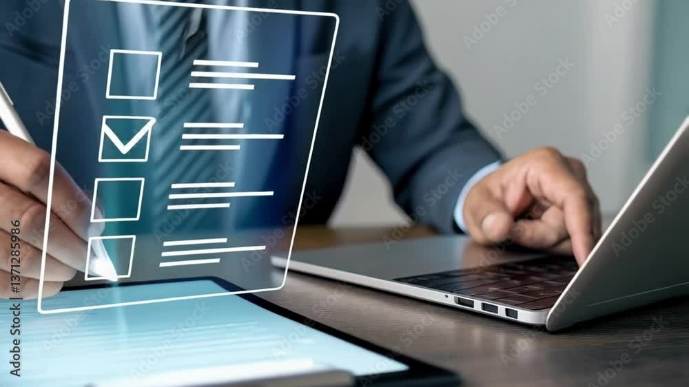 Aufkleber person filling out digital checklist on tablet with laptop in background at desk in suit jacket