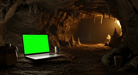 Working Remotely Laptop in Cave with Green Screen and Essentials