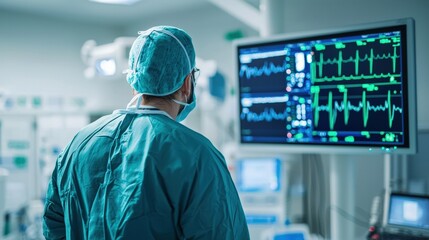 Neurosurgeon monitoring patient vital signs hospital medical interface surgical environment close-up view health technology