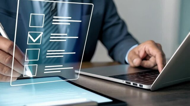 Person filling out digital checklist on tablet with laptop in background at desk in suit jacket