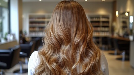 Long, wavy hair cascades down the back of a woman in a stylish salon. The warm lighting and contemporary decor create a relaxed atmosphere perfect for a hair transformation