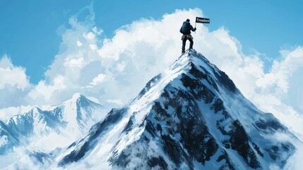 Mountain climber overcoming debt challenges summit of freedom digital art inspiring landscape heroic viewpoint