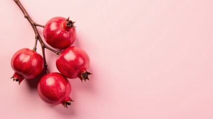 A vibrant branch of ripe pomegranates arranged artfully on a soft pink backdrop, showcasing their juicy red hues and natural beauty.