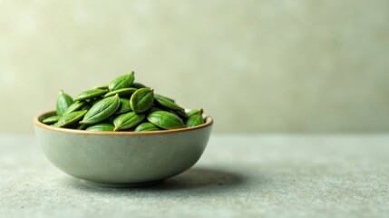A bowl of vibrant green seeds, a healthy and nutritious snack or ingredient for culinary creations