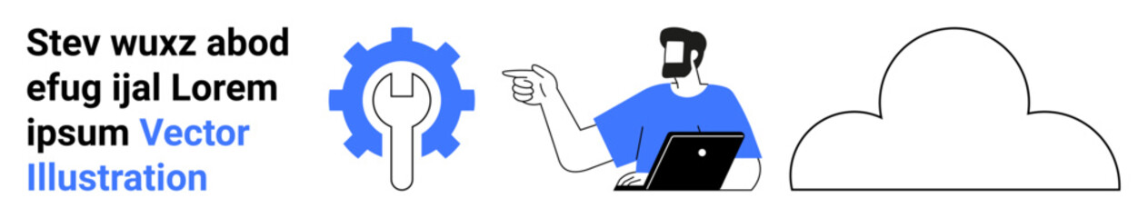 Professional man using a laptop, pointing at a blue gear with a wrench alongside a cloud. Ideal for technology, cloud solutions, teamwork, troubleshooting, software services, digital tools, flat