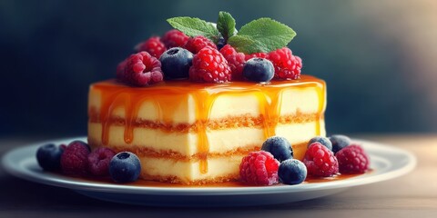 Delicious dessert layers with creamy filling and fresh berries presented on a plate