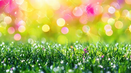 Obraz premium Dewy grass field with bright bokeh. Nature's vibrant glow. Background use