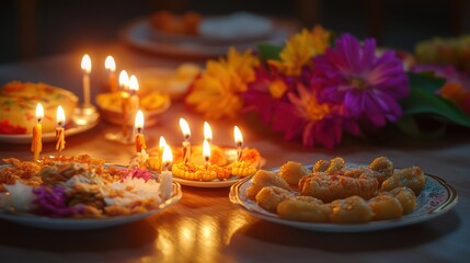 Fototapeta premium A peaceful traditional birthday with glowing candles, colorful flowers, and plates of local delicacies adorning the table