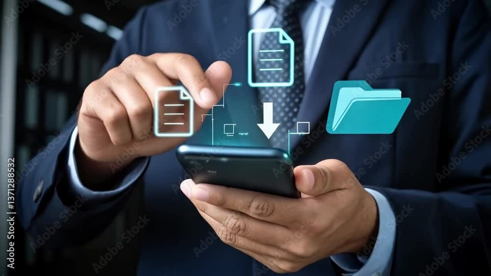 Aufkleber a man in a suit using a smartphone with digital file transfer icons above the phone in the air