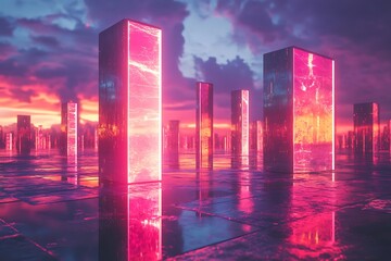 Floating tech monoliths in a neon-lit sky, casting radiant reflections on a digital landscape