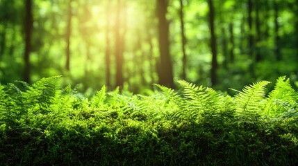 Fototapeta premium Ferns and moss blanket the ground, sunlight filters through a green, lush forest