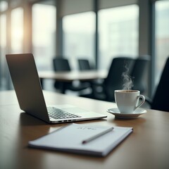 Fototapeta premium A modern office workspace with a laptop, coffee cup, and notepad, professional stock photo style