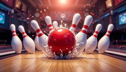 Red Bowling Ball crashing into the pins. Illustration of bowling strike