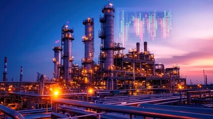 Industrial facility at dusk with illuminated towers and digital overlay of data analysis