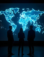 business people on the world Global business people silhouette team network abstract map.