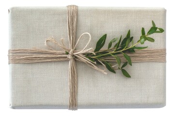 A rectangular gift box wrapped in neutral tones, secured with a twine bow and a greenery sprig