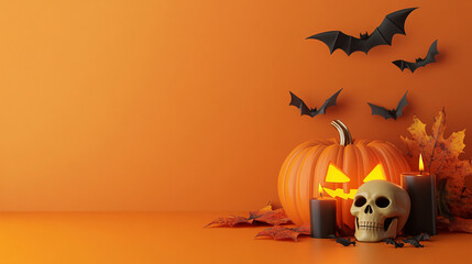 Happy Halloween, Halloween scene with glowing pumpkins, bats, a skull candle, and spooky decorations, Generative ai