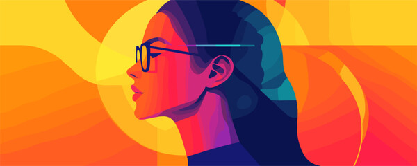 Colorful side profile of woman with glasses in abstract style - vector