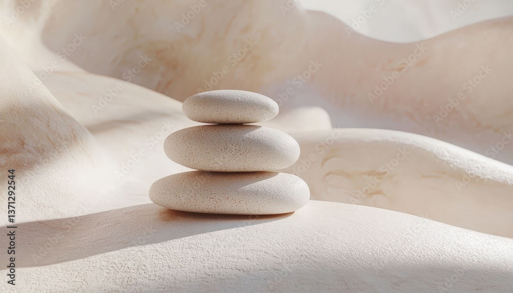 Poster three stacked stones resting on a smooth surface in a serene environment exuding tranquility and cal