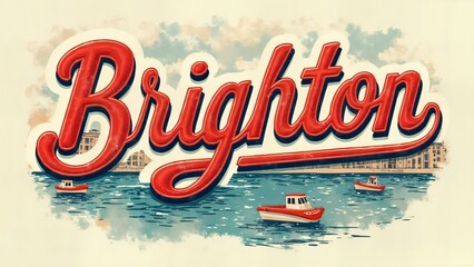 Brighton large lettering design with vintage seaside illustration