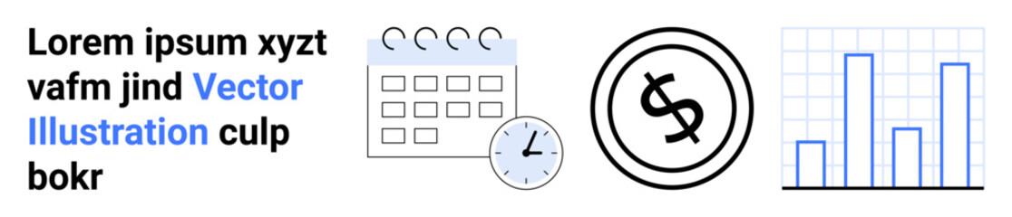 Calendar with clock, dollar symbol, and bar chart diagram represent time tracking, financial planning, and performance. Ideal for time efficiency, budgeting, finance management, scheduling