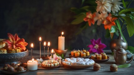 Naklejka premium A serene cultural birthday scene featuring symbolic items like candles, flowers, and traditional sweets on a wooden table