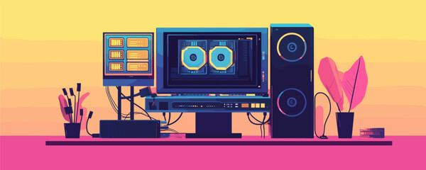 Cryptocurrency mining setup with dual monitors and graphics card in a modern workspace - vector