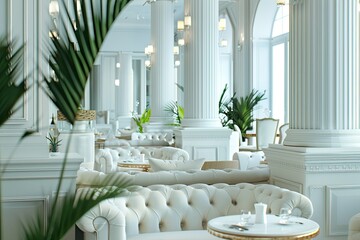 Ultra Quality Image of Classic White Cafe Interior with Sofas and Columns