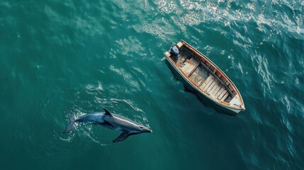Naklejka premium Aerial view of a dolphin swimming near a small wooden boat on the turquoise water.