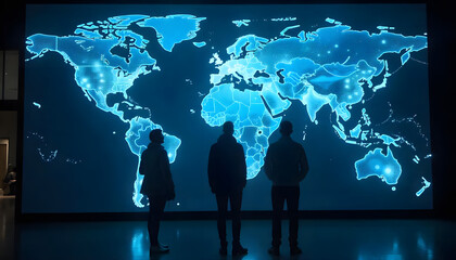 business people on the world Global business people silhouette team network abstract map.