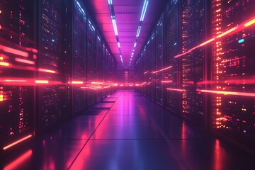 Futuristic server room with glowing data streams flowing between racks, casting neon shadows