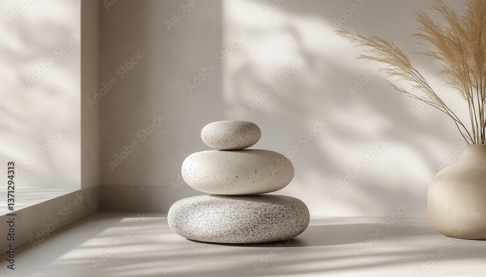 Poster three stacked stones resting on a smooth surface in a serene environment exuding tranquility and cal