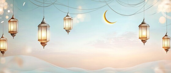 Magical ramadan night scene with traditional lanterns and crescent moon